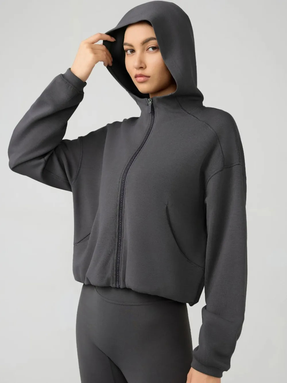 Zip-Up Dropped Shouder Active Hoodie