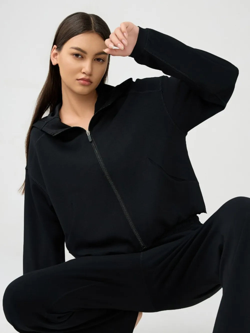 Zip-Up Dropped Shouder Active Hoodie